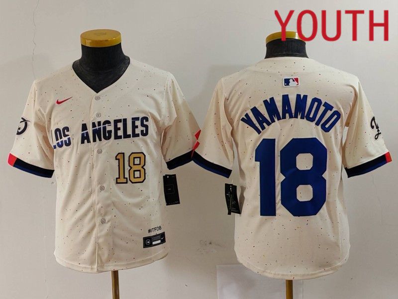 Youth Los Angeles Dodgers #18 Yamamoto Cream Fashion Nike Game MLB Jersey style 7011